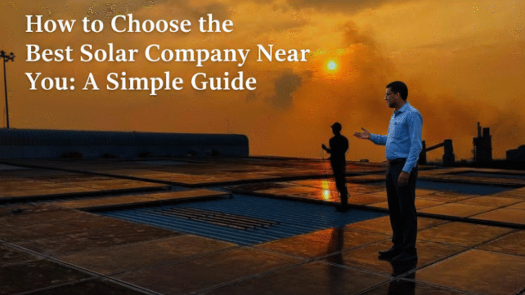 Solar panels on a rooftop at sunset, with a person explaining the system to a client