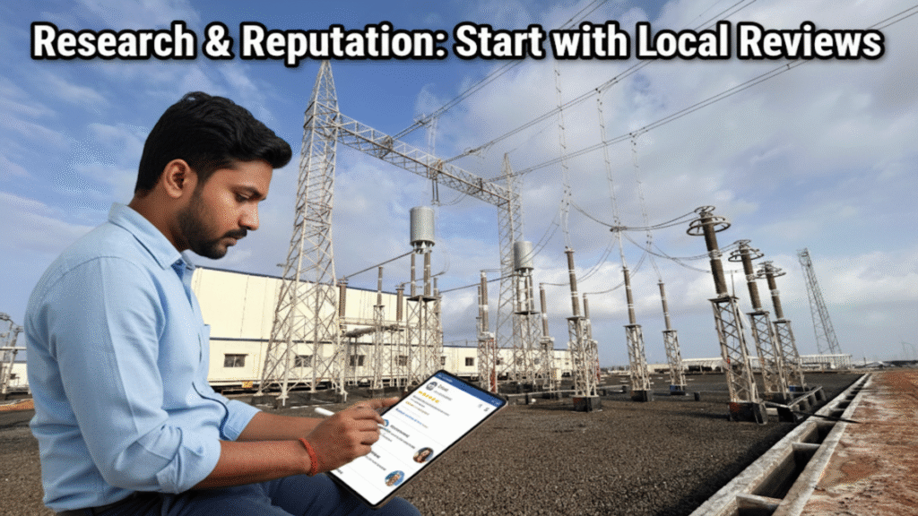 Indian man researching local solar installer reviews on a tablet