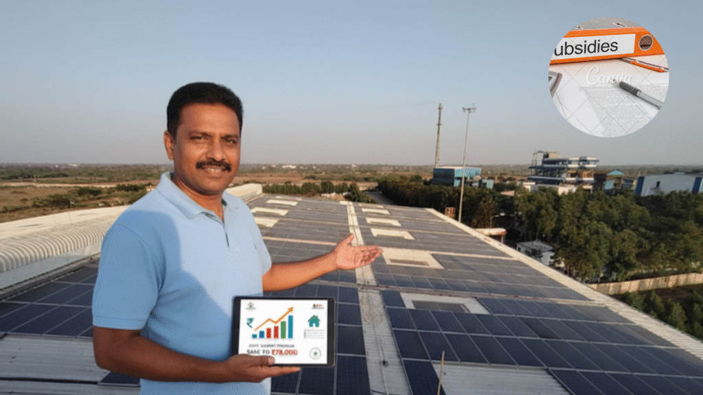 Man explaining solar subsidies on a factory rooftop | solar panel installation services